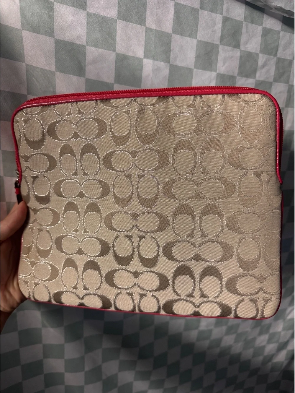 Coach Signature Jacquard Laptop Sleeve with Red/Pink Trim